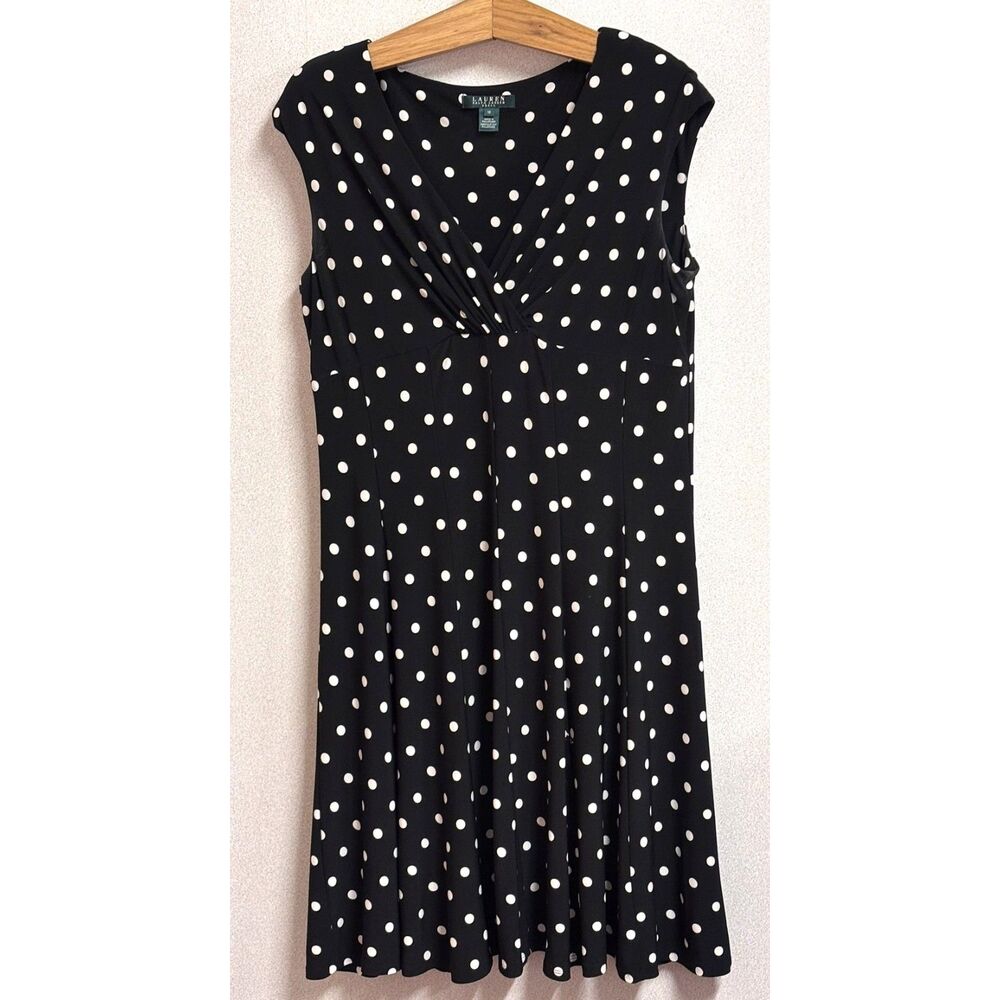 Lauren Ralph Lauren Black Polka Dot Empire Waist Surplice Dress 16